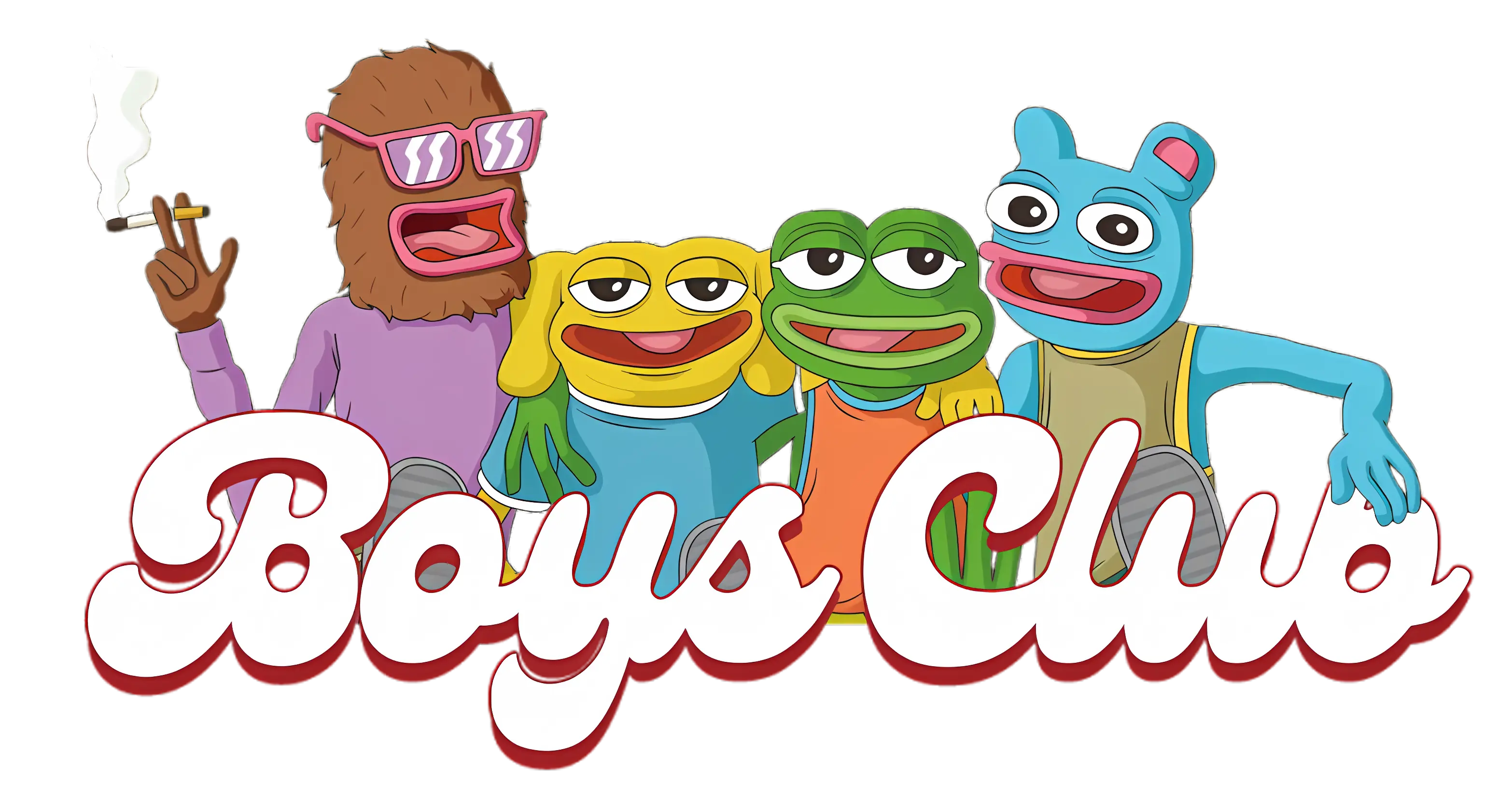 BoysClub memecoin featuring Pepe, Andy, Landwolf and Brett from Matt Furie's Boys Club comic